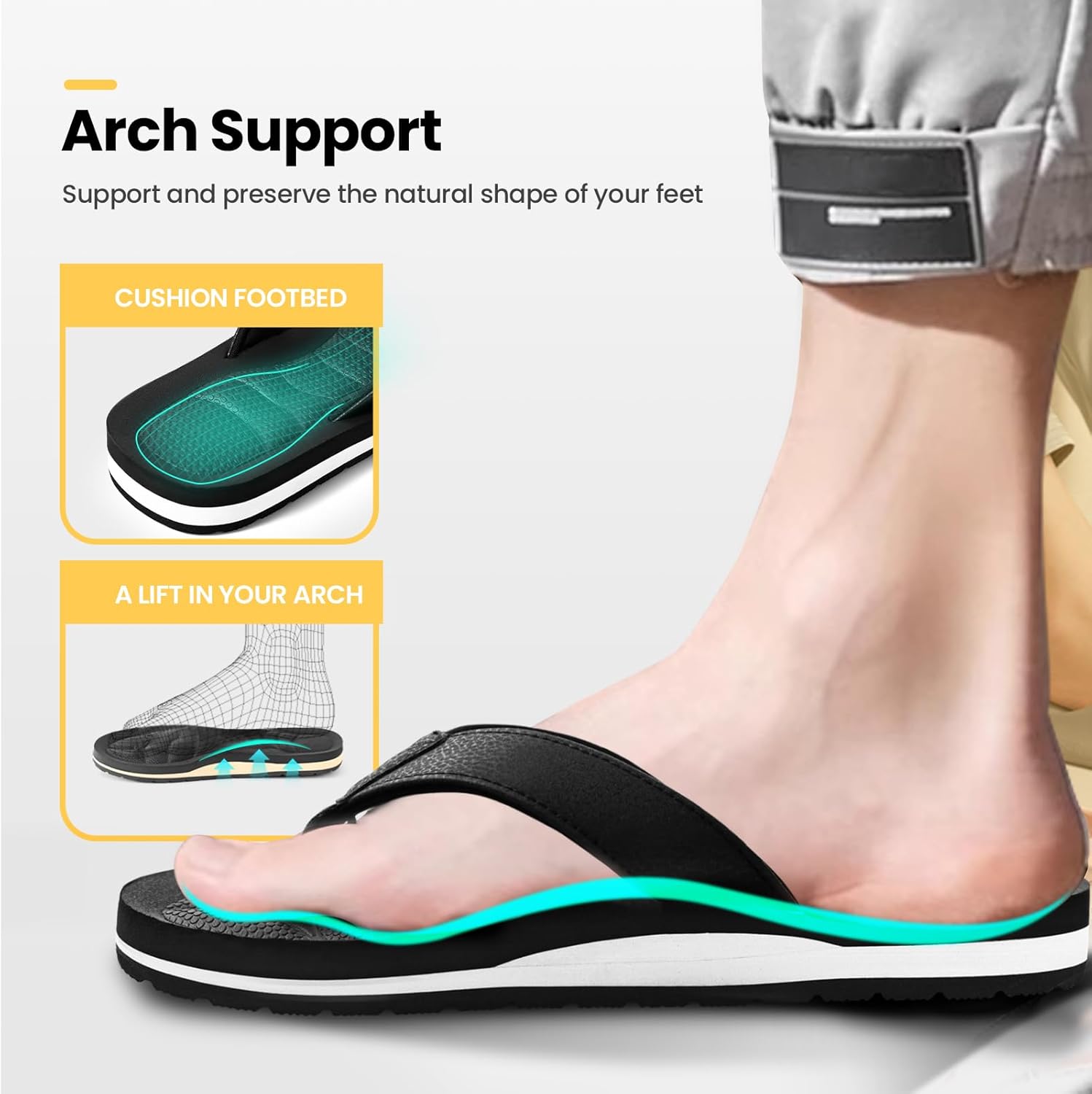 Mens Flip Flops - Comfort Arch Support Slides - Memory Foam Slip On Beach Sandals - Waterproof Open Toe Thong Slippers Summer Footwear - Image 3