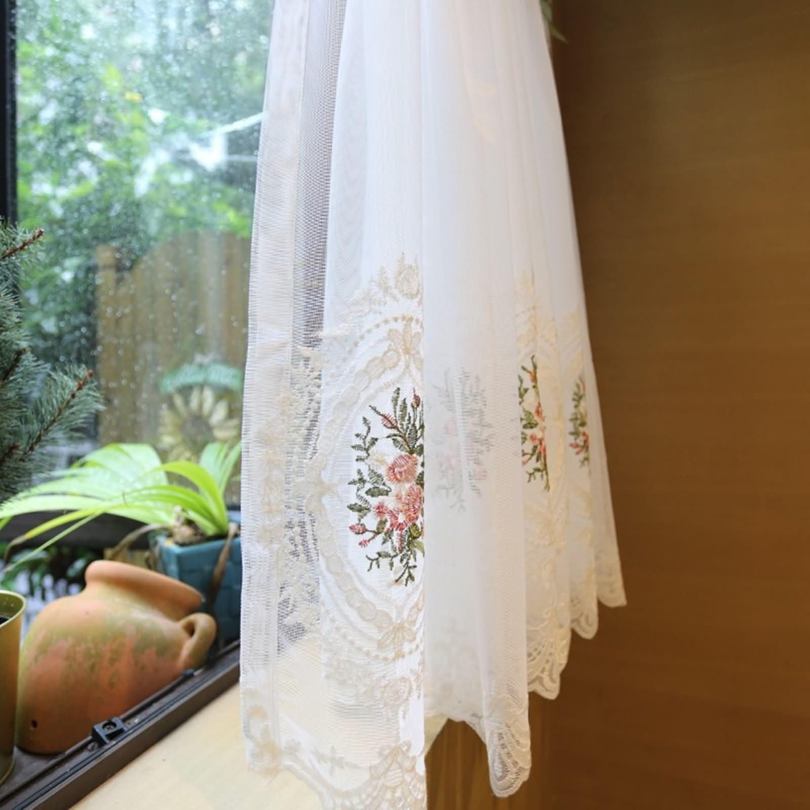 Zazdrostka bistro dla dzieci, zestaw 1 szt., 1 x 150 W x 130 cm, firanka bistro, biała, zielona, różowa, nowoczesna, jednokolorowa, haftowana w kwiaty, z kokardką, z kieszenią na wędkę