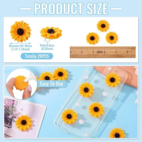 Miniatura 2 de Beadthoven - Juego de 20 piezas de cabujones de girasol de resina plana de 1.18 pulgadas sin perforar, para adornos de joyas, suministros para