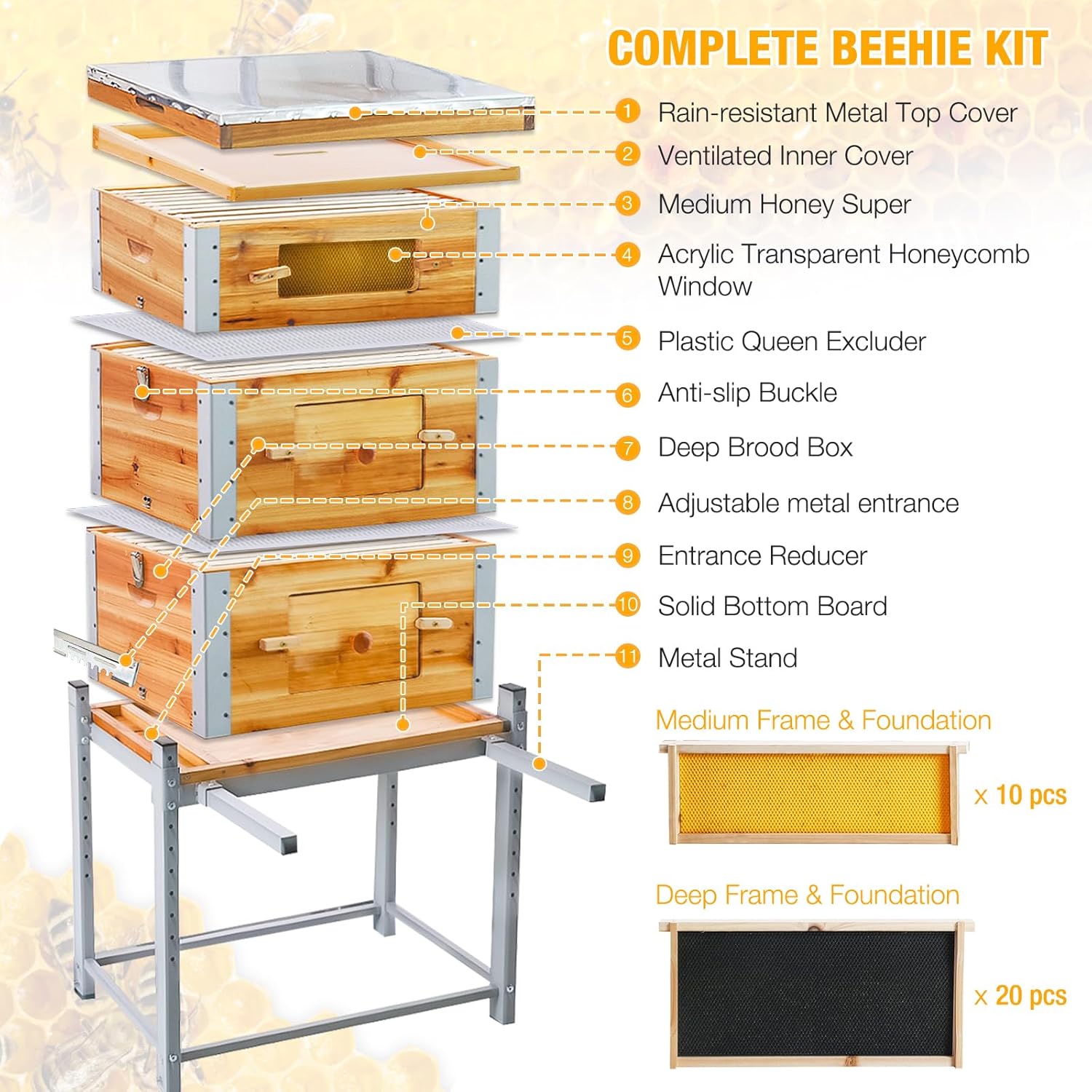 Bee Hive Boxes Starter Kit,3 Layer Metal Frame Bee House with 10 Medium and 20 Deep Frames & Foundations,Langstroth Honey Bee Hive with Metal Stand
