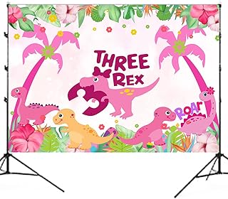 5ft*3ft Dinosaur Birthday Party Photo Backdrop,Three Dino-Rex Birthday Party Decorations Girl,Pink Dino 3rd Birthday Party Decorations Backdrop ,Dinosaur Birthday Party Supplies 3 Year Old Girl