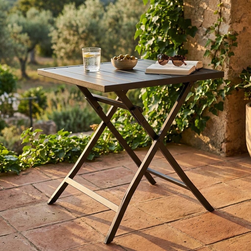 milani home - tavolo da giardino pieghevole, alluminio, pieghevole salvaspazio quadrato, 4 posti, tortora, piano 70 x 70 cm