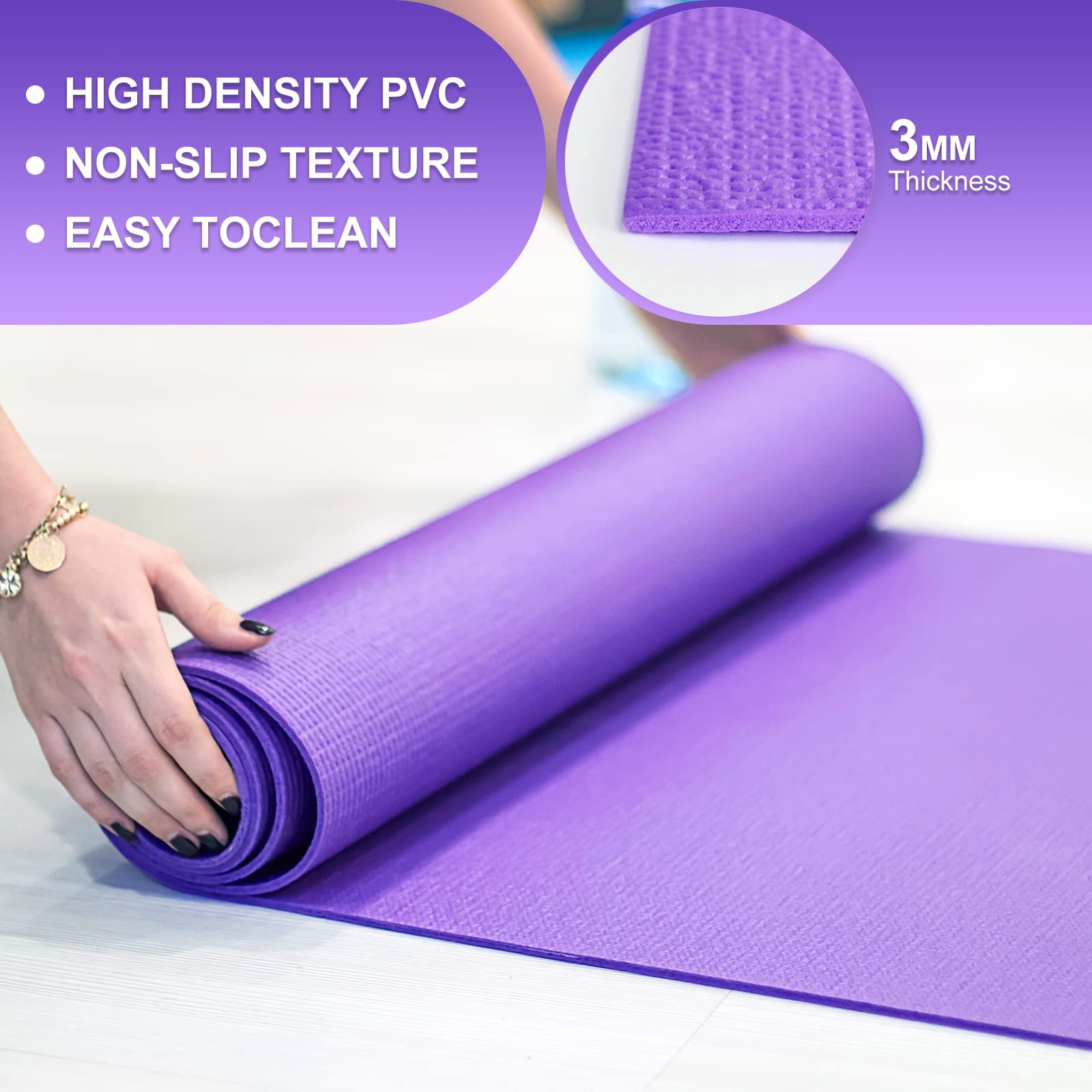 24 Pcs 3 mm Thick Yoga Mat Bulk, 68.11 x 24.02 Inches Exercise Workout Non Slip Fitness Pad for Women Kids Gym Home Yoga Pilates, Reliable Sturdy Material and Easy to Clean