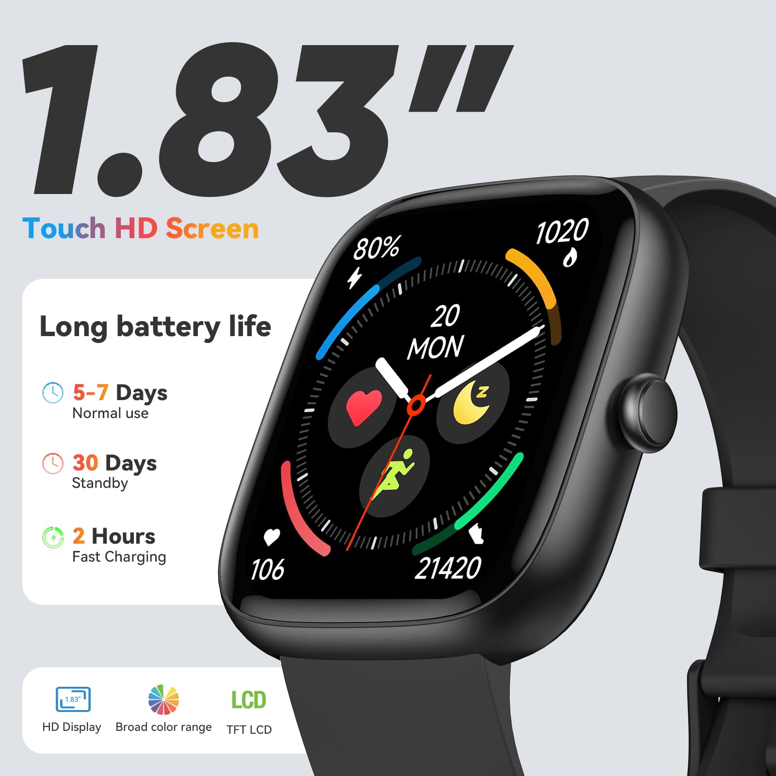 lukg Smartwatch Uomo Donna Orologio Fitness: 1,85" Orologio Smartwatch Chiamate Bluetooth Impermeabile 112+ Modalità Sportive Monitoraggio Di Salute Smart Watch Per Android iOS Compatibile iphone