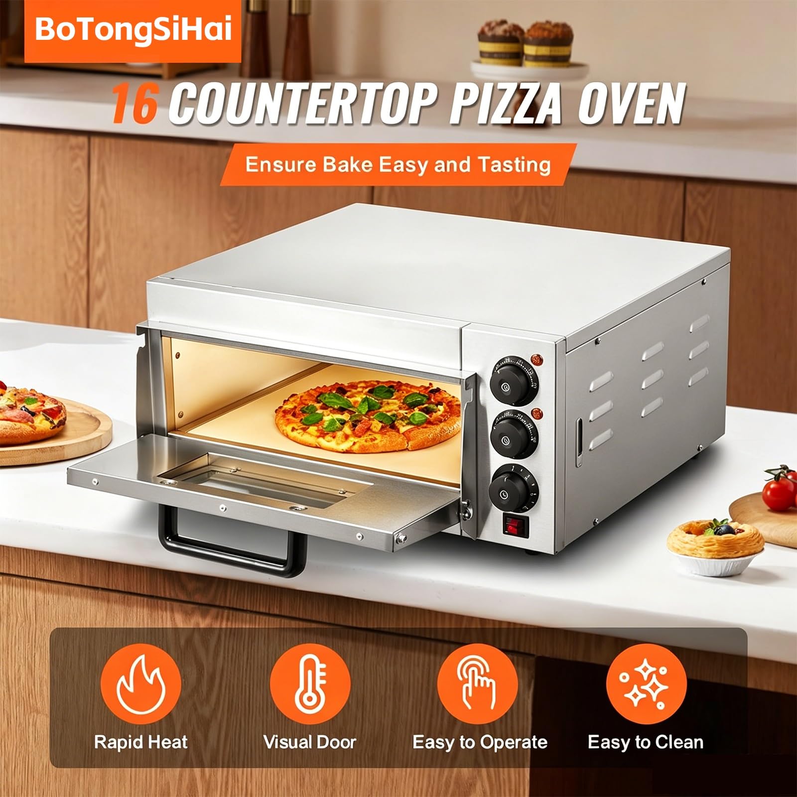 Forno Per Pizza Elettrico Con Pietra, 350°C, Acciaio Inox, Pizza Oven Con 60min Timer Integrato, Calore Superiore E Inferiore Regolabile Per Pizza Croccante Fatta In Casa(Single Layer)