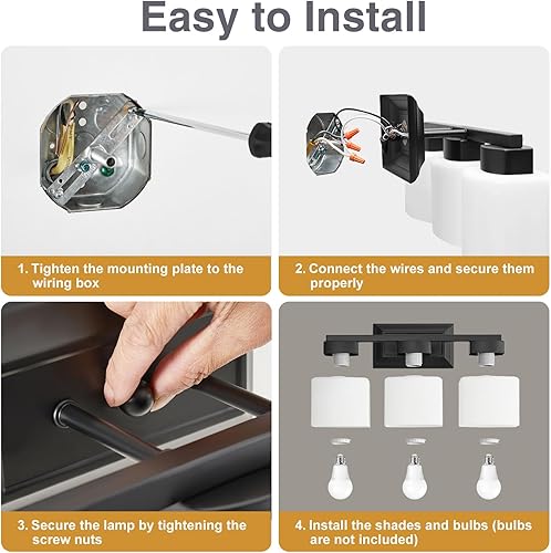 Miniatura 7 de Lámparas de baño de 3 luces, lámparas de tocador de baño negras con pantalla de vidrio esmerilado, accesorios de iluminación modernos sobre espejo -