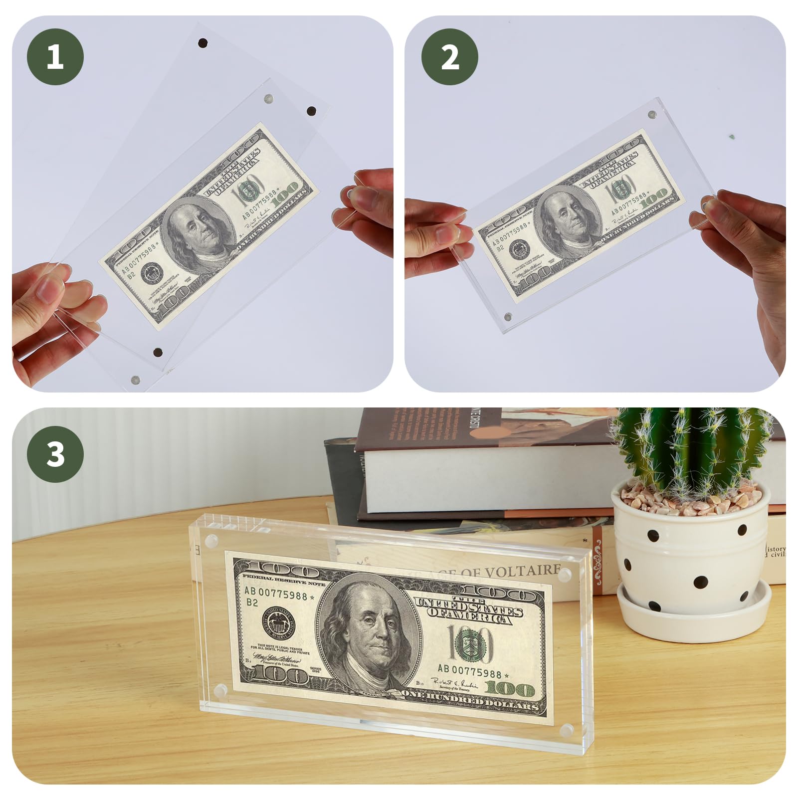 Soporte de acrílico transparente para billetes de dólar, soporte para billetes de banco, dinero en efectivo, moneda, papel de papel, marco Dsiplay, funda para billetes de dólar, soporte para