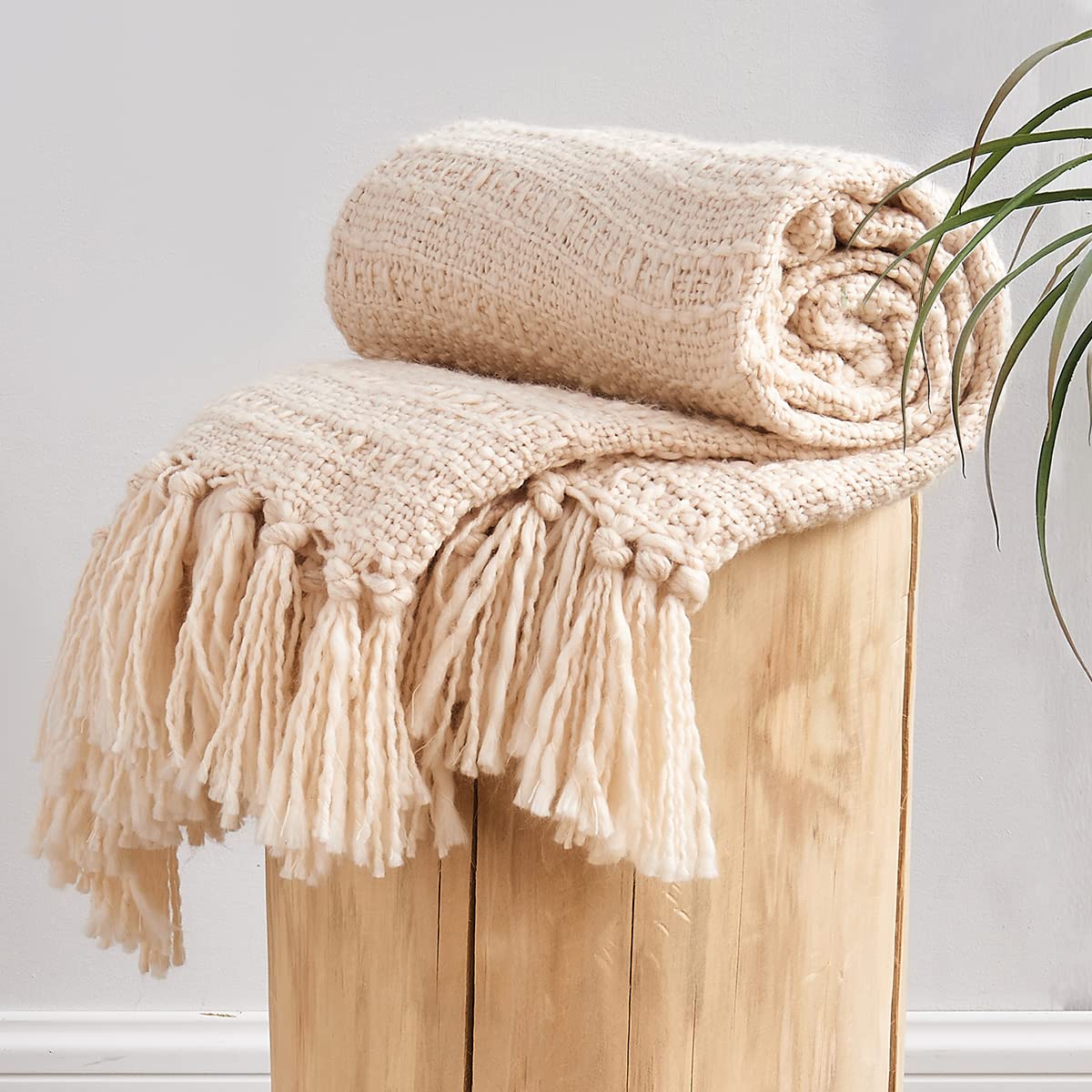 HORIMOTE HOME Cozy Chunky Cream Knit Throw Blanket with Textured Basket Weave Pattern and Fringe, Perfect for Couch, Chair, Sofa, or Bed. Boho Chic Style, 50"x60"