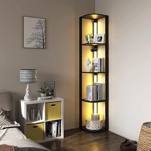 Miniatura 6 de VTRIN Estante esquinero con luz, moderno soporte para decoración del hogar con estantes de almacenamiento para coleccionables, estante de esquina