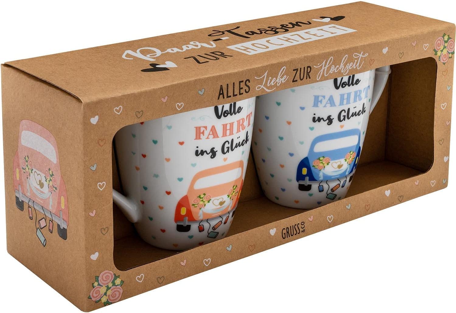 GRUSS & CO Tassenset „Ja“ – 2 Porzellantassen Mit Herzhenkel, 30 Cl, Geschenk Für Paare & Hochzeit