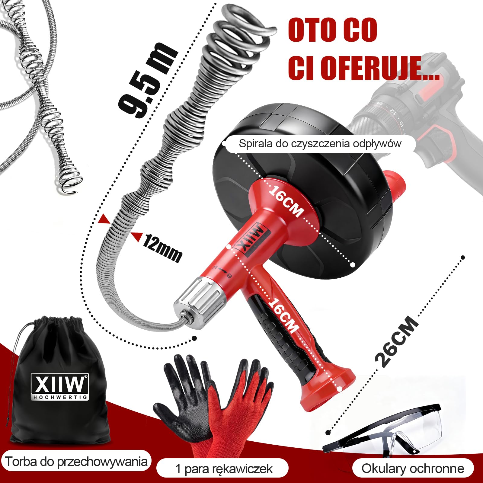XIIW spirala do czyszczenia rur 9,5M | 2-in-1 ręczny/elektryczny z adapterem do wiertarki | Udrażniacz do rur – udrażnianie zatkanych odpływów w kuchni, łazienki | rękawice, okulary, torba w zestawie