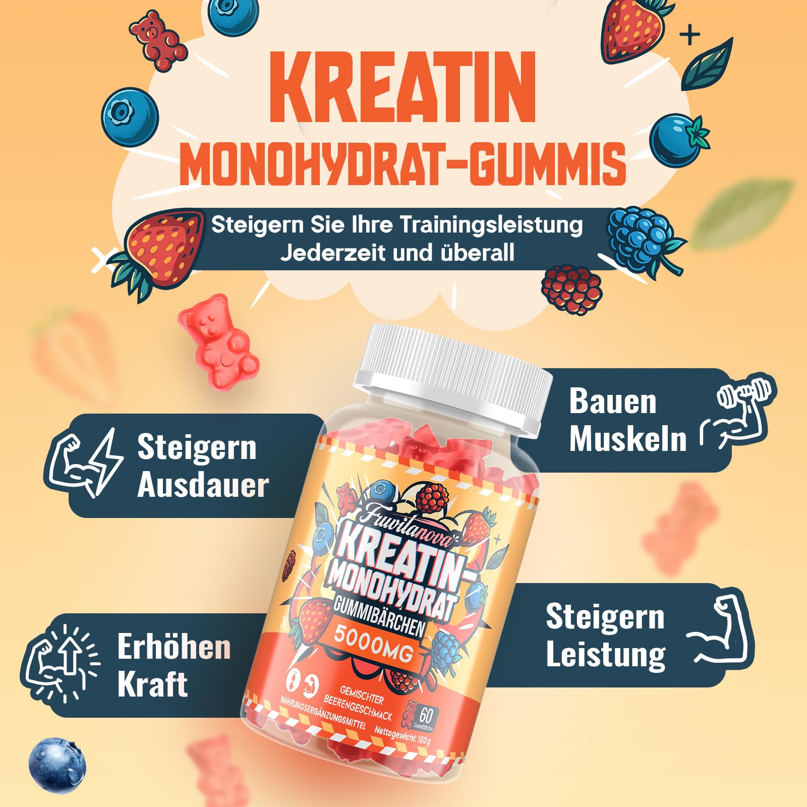 Kreatin Monohydrat Gummibärchen 5000 mg pro Portion, weiche Gummibärchen mit Fruchtgeschmack, Taurin und schwarzem Pfeffer für Muskeln und Kraft, 60 Stück