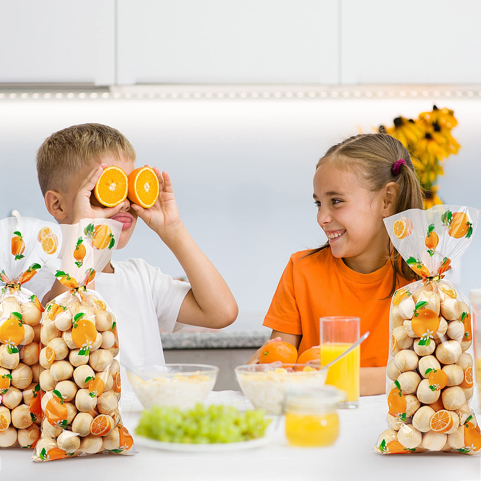 Pajean 100 Pieces Oranges Party Little Cutie Baby Shower Plastic Cellophane Candy Treat Bag With 100 Gold Twist Ties For Cookie Snack Thanksgiving Summer Themed Birthday Party Favor