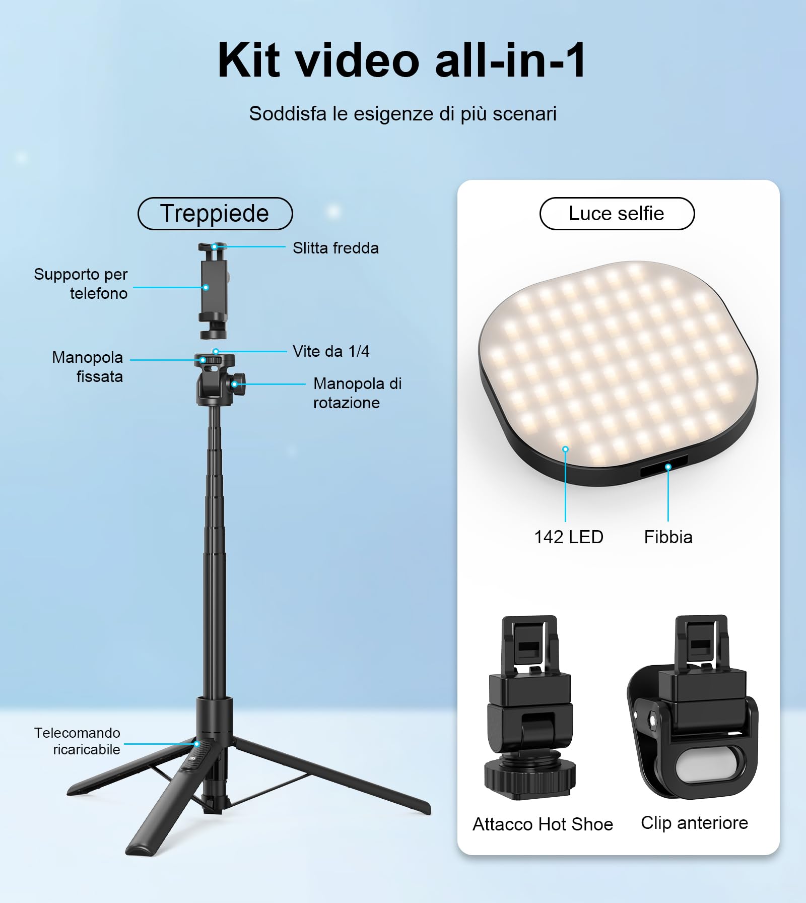 Gahenwo Vlogging Kit, Bastone Selfie Treppiede Treppiede per Smartphone Portatile con luce LED, 155cm Fotocamera Tripode Cellulare con Telecomando e Supporto per Telefono Cellulare per iPhone