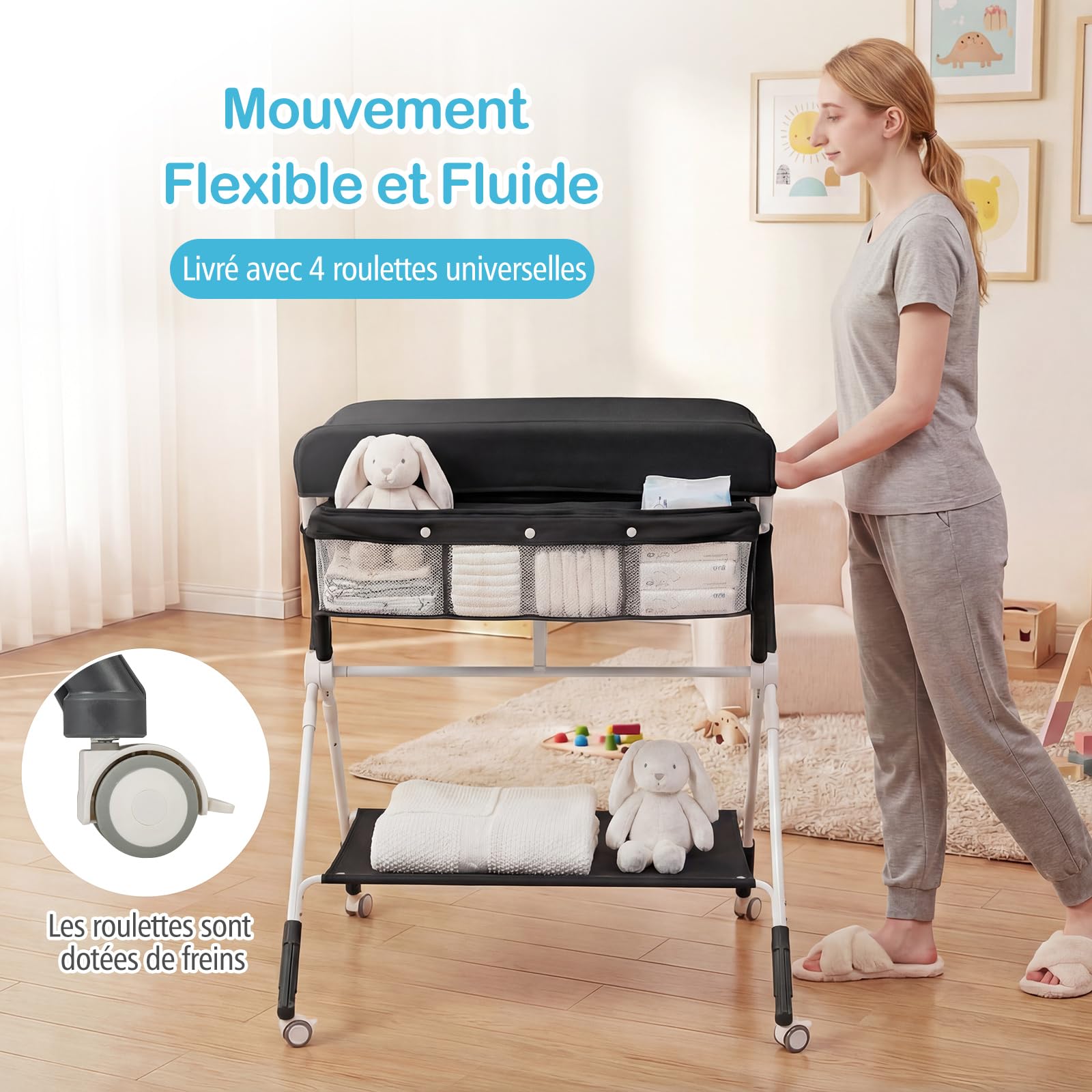 COSTWAY Table à Langer Pliante pour Bébé, Table à Langer Portable Réglable en Hauteur sur 3 Niveaux avec Roulettes Étagère et Panier, Station Organiseur Mobile pour Nouveau-nés (Noir)