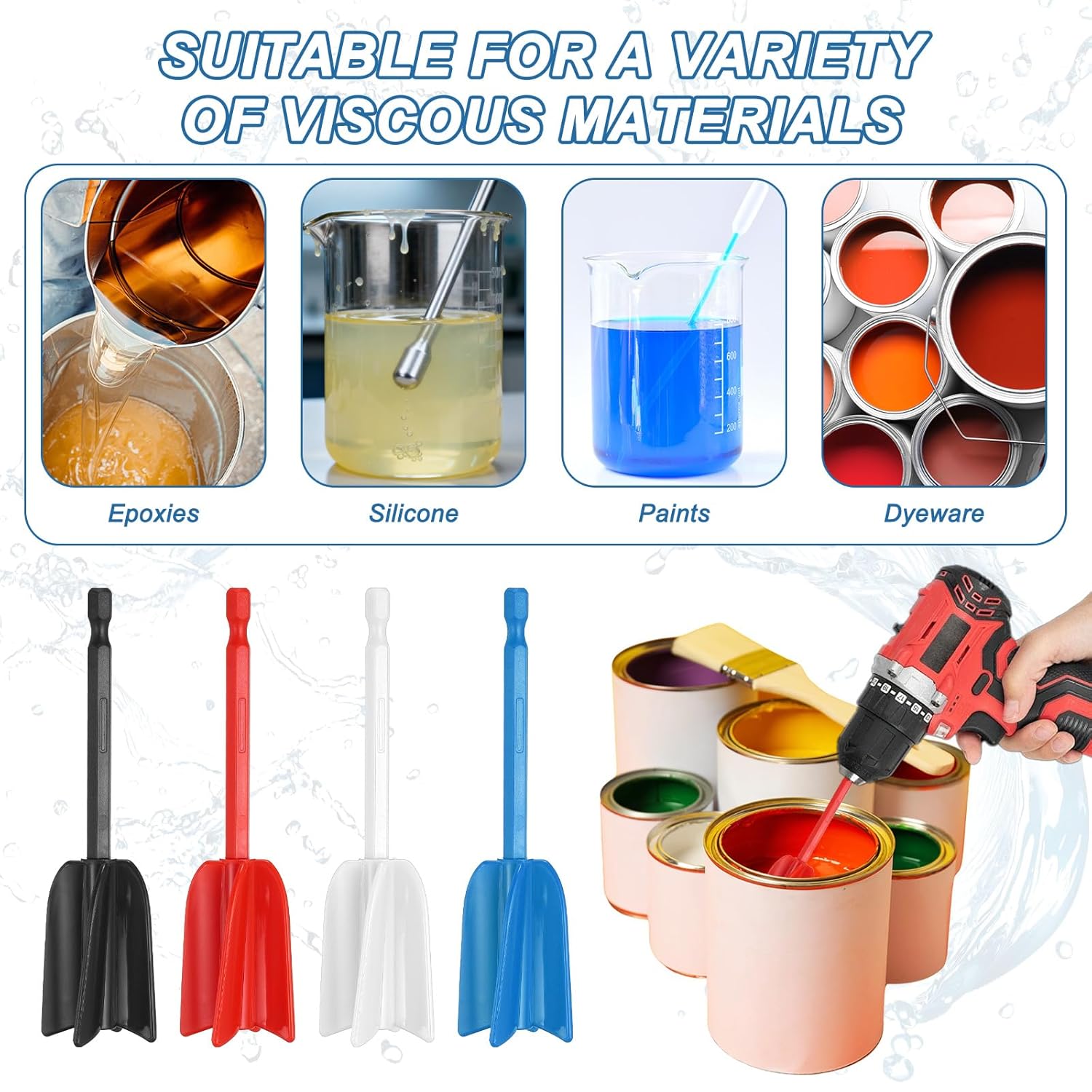 PATIKIL 6Pcs Silicone Resin Mixer Paddles, 8.7" ABS Plastic Paint Stirrers Paint Mixer Drill Attachment Epoxy Stirrer for Resin Silicone Paddle Works with 1/4" Hex Shank, White