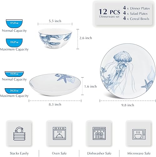 Miniatura 8 de Minh Long - Juego de vajilla costera de porcelana de 12 piezas, platos, cuencos, servicio para 4, resistente a astillamientos y arañazos, apto para