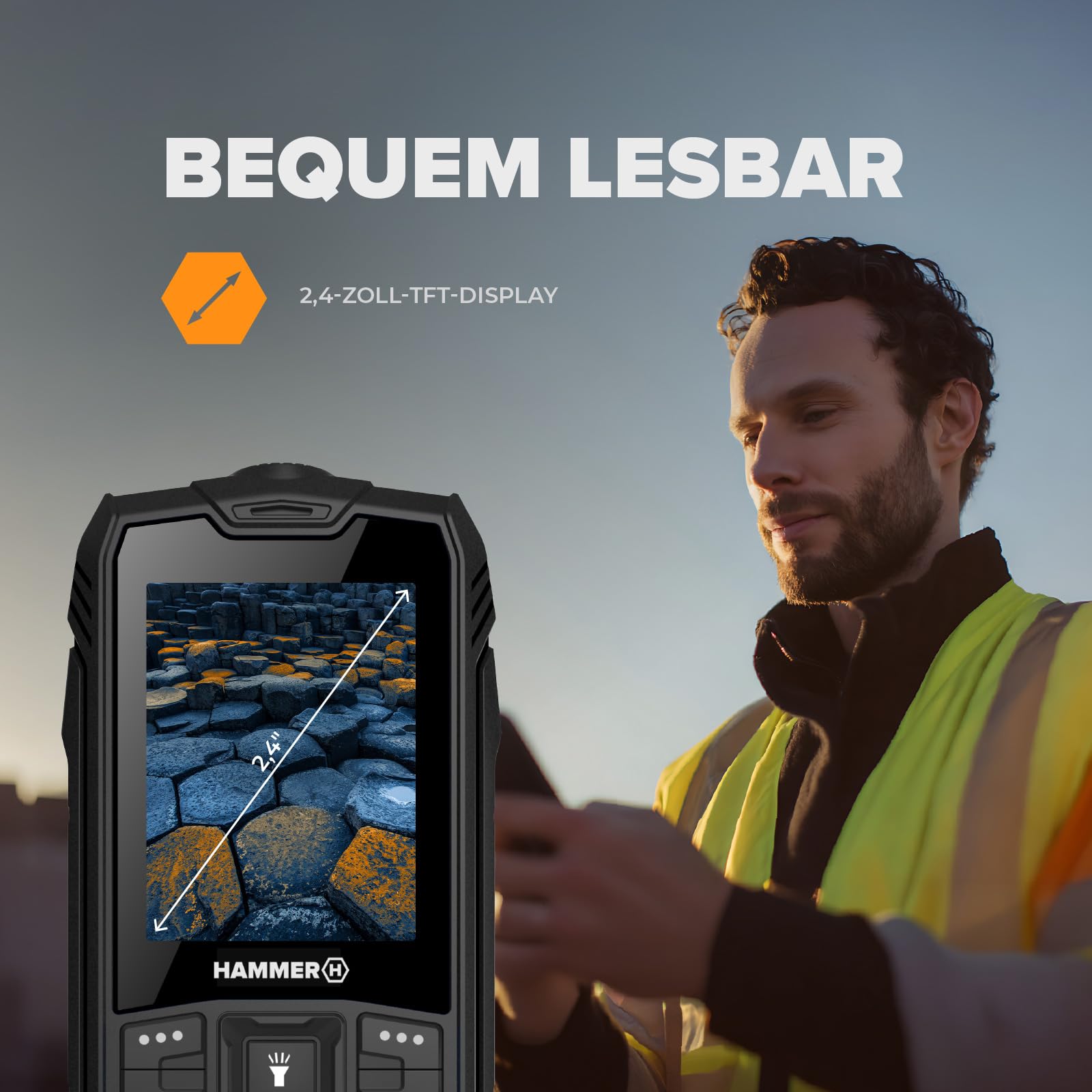 Hammer H Basalt Outdoor Handy ohne Vertrag, 2.4 Zoll Farbdisplay, Robust, Mega Batterie 1800 mAh, Wasserdicht (IP68), Stoßfest, Baustellen Tasten, Taschenlampe, Dual SIM, Tastenhandy - Schwartz