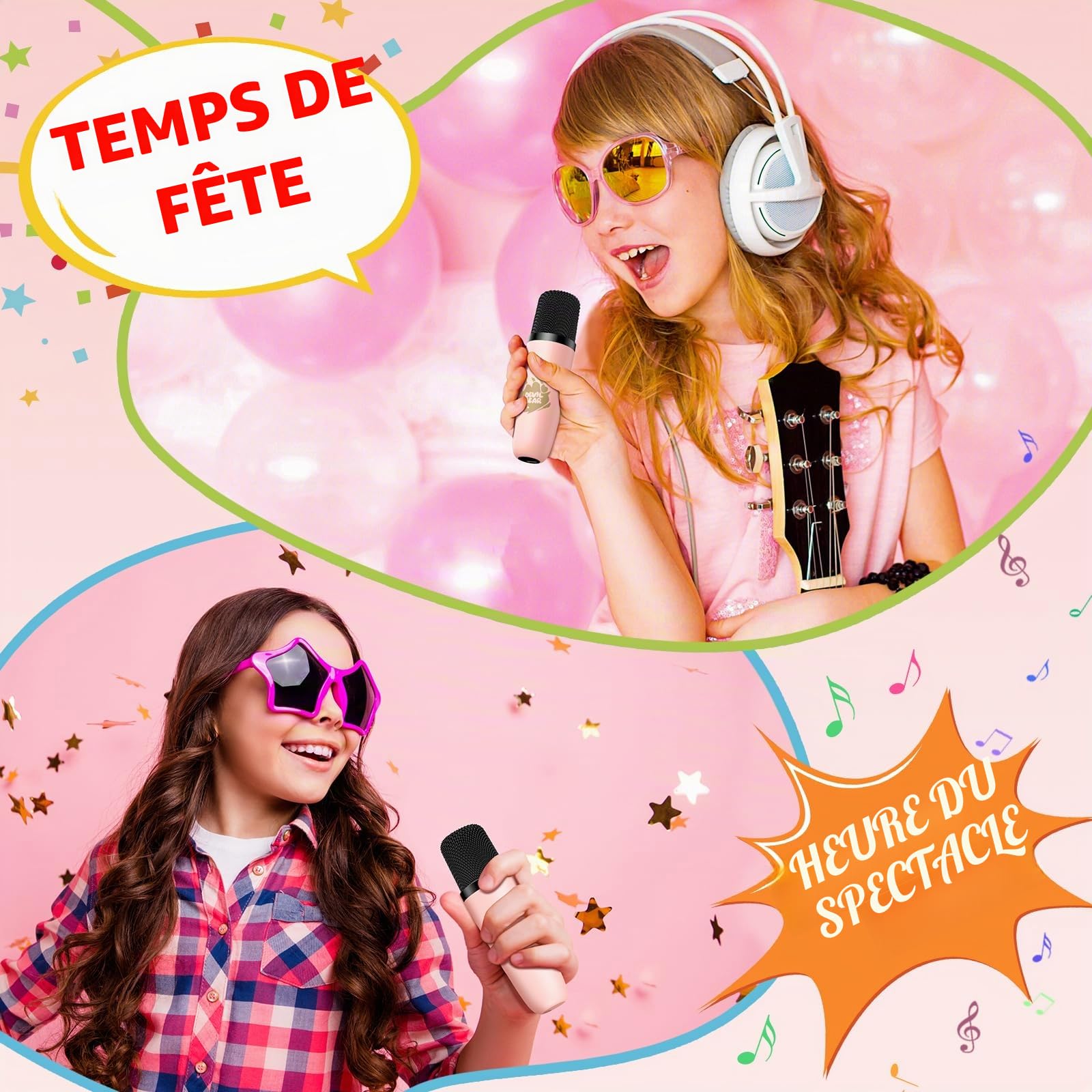 PHNIXGAM Mini Machine de karaoké avec Deux Microphones sans Fil, Haut-Parleur Bluetooth Portable pour Adultes et Enfants, Microphone de karaoké avec LED (Rose)