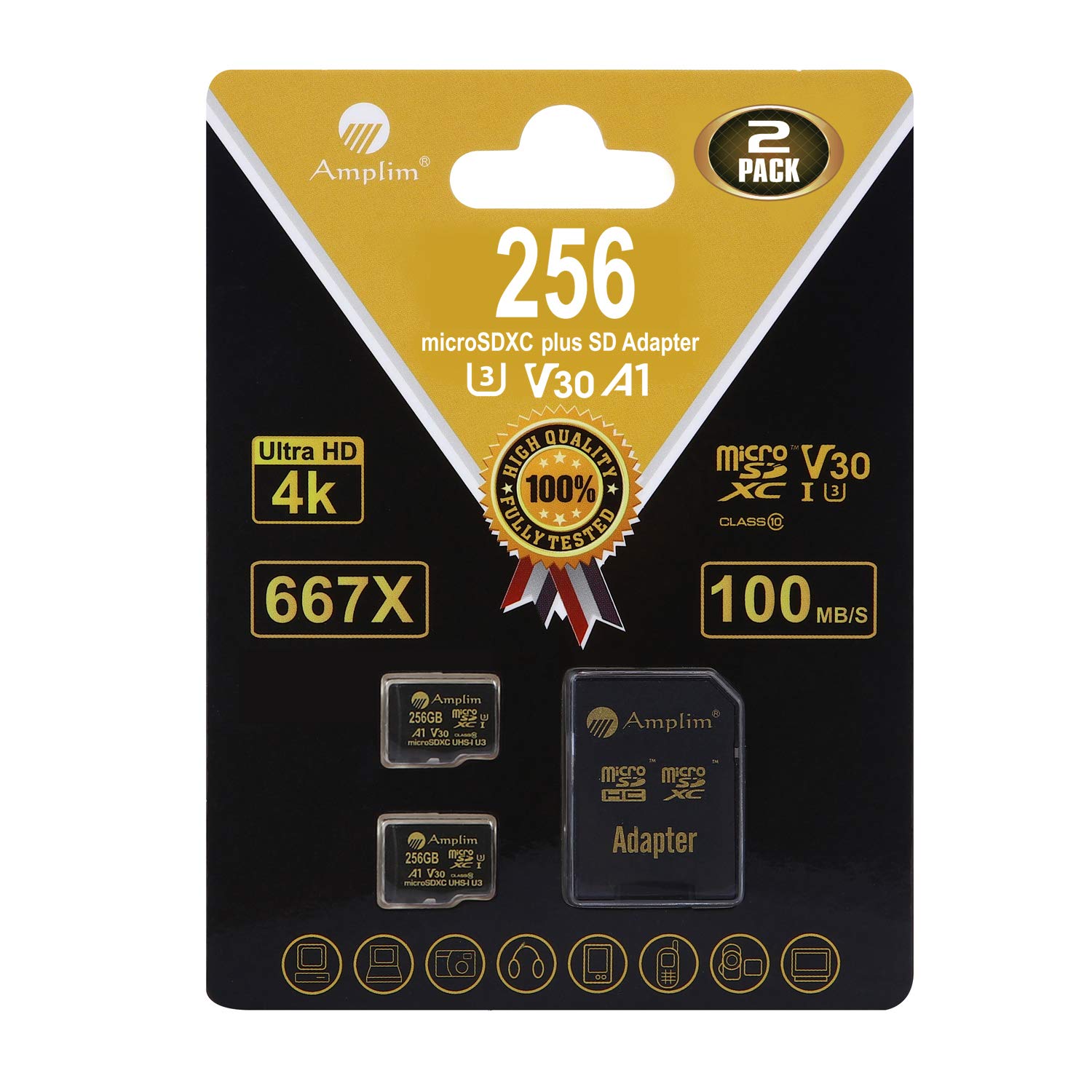 Amazon Com Amplim 2 Pack 256gb Micro Sd Card Plus Adapter 256 Gb Microsd Sdxc V30 A1 U3 Class 10 Ultra High Speed 100mb S Uhs I Tf Xc Microsdxc Memory Card For Cell Phone