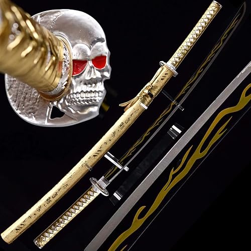 HERO SWORD Katana de calavera dorada hecha a mano de acero 1060 de alto carbono, hoja de espiga completa, espada samurái, cuchillos japoneses
