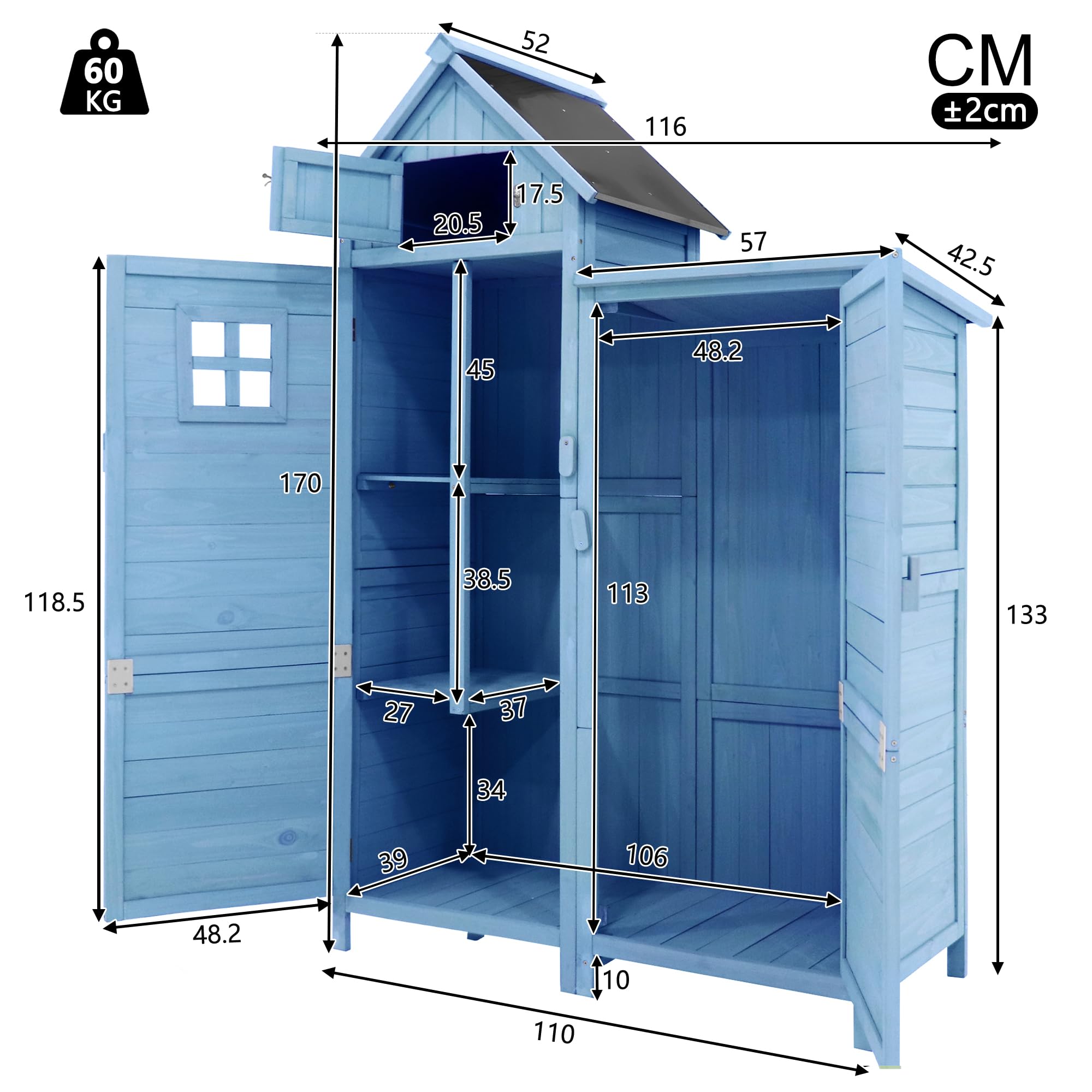 Su & Chan Legence Gartenhaus aus Holz, Geräteschuppen mit 2 Ablagen, 2 Türen und PVC-Dach, wetterfest Gartenschrank für Garten, Balkon und Terrasse, Blau