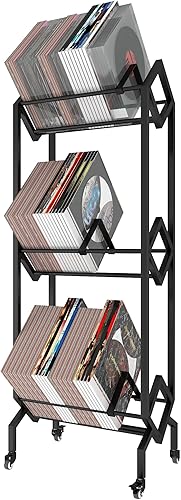 Estante de almacenamiento de discos de vinilo con ruedas de rotación de 360, soporte para discos para álbumes, estante de almacenamiento de metal LP
