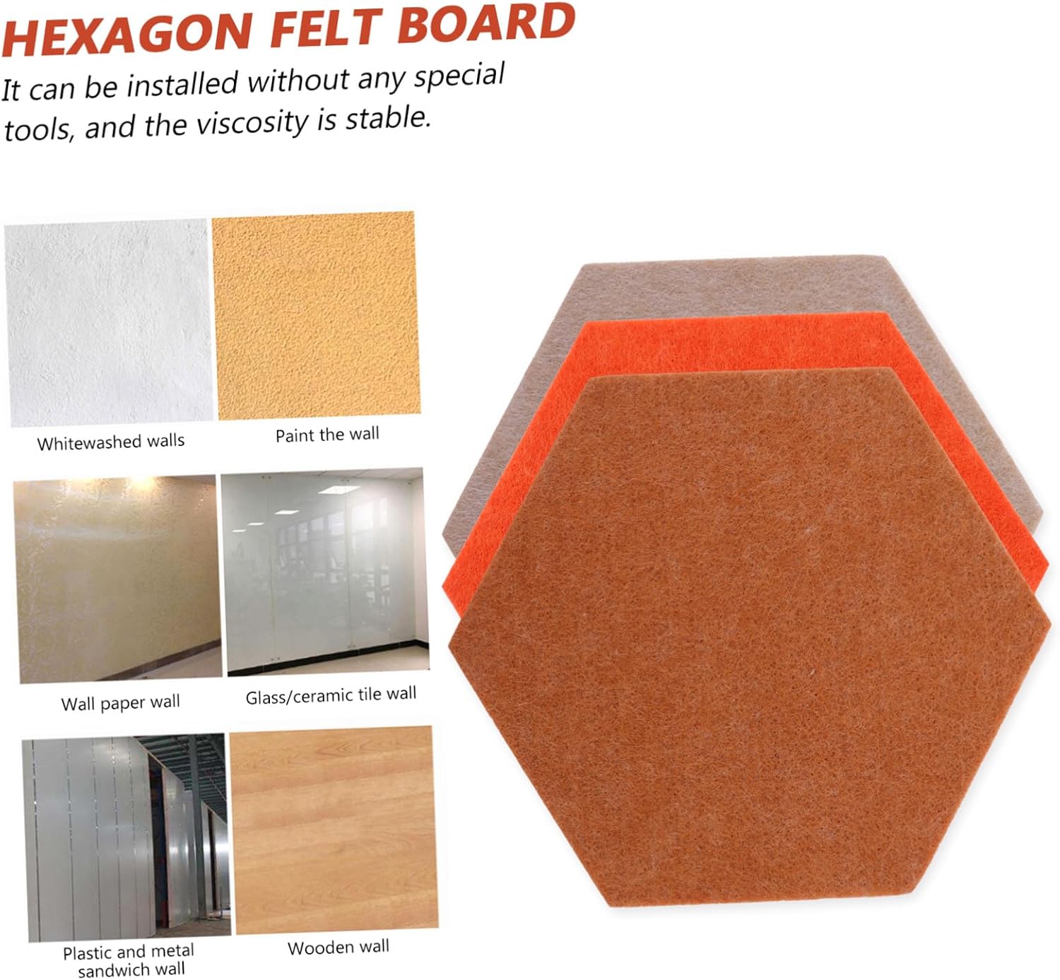 10pcs Hexagon Memo Board Adhesive Felt Bulletin Wall Display Board with Drawing Pins for Photos Messages Home Office Decorative Tiles Thick