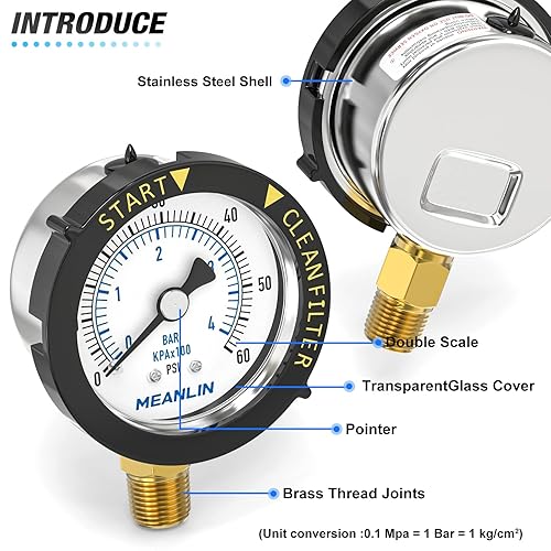 Vista 30 de MEANLIN MEASURE Marco de plástico de 0 ~ 60 psi, medidor de presión de arranque NPT y filtro limpio, adecuado para piscina, spa, acuario, montaje
