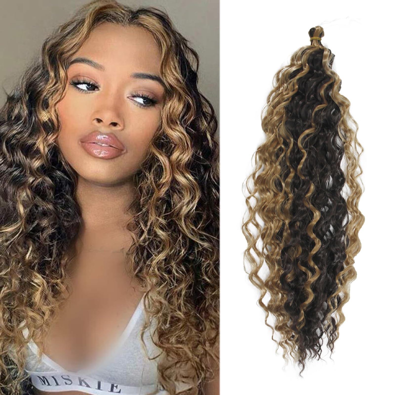 Dsoar Deep Twist Crochet Hair 22 Pulgadas Highlight Deep Wave Pelo Rizado Trenzado 3 Packs de Extensiones de Cabello Sintético para Mujer (4/27#)