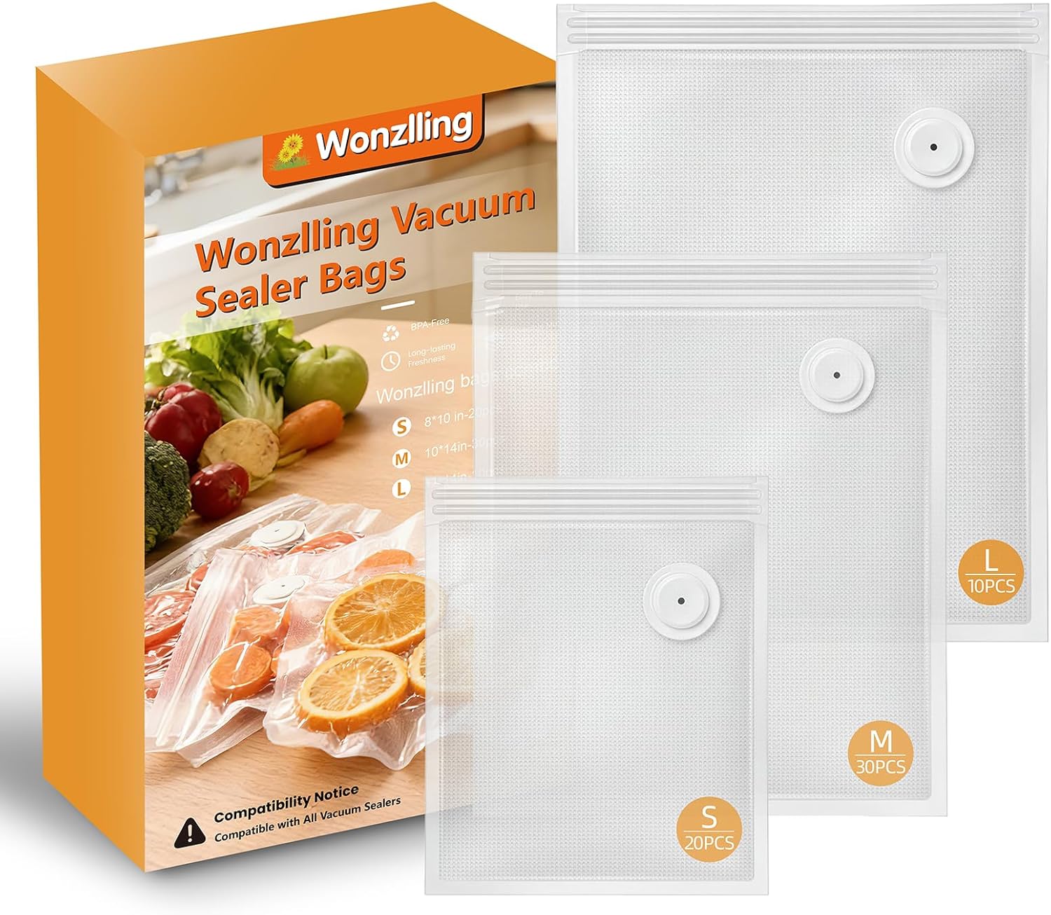 Vacuum Sealer Bags for Food, 60 Pcs (S+M+L) 8" x 10" and 10" x 13.8" and 11.8" x 13.8" Food Storage Bags for Sous Vide Cooking Microwave Heating, Air Valve Zipper Bags
