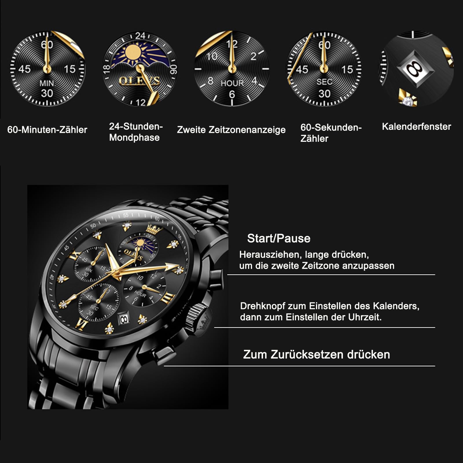 OLEVS Herren Chronograph Armbanduhr Quarz Edelstahl Analog Dual Time | Doppelte Zeitzone Uhren Herren, Leuchtzeigern, Mineralglas, Edelstahlarmband und 3ATM Wasserschutz für Reisen und Business