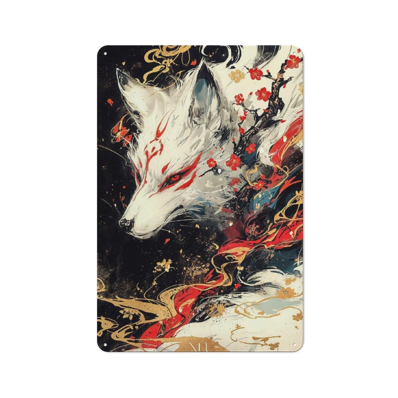 Junmoney Style-13 For Studio Or Craft Room, Kitsune Fox Painting Rustic Tin Wall Plaque 30X20cm, For Vintage Wall Decor Fans, For Metal Sign Collectors