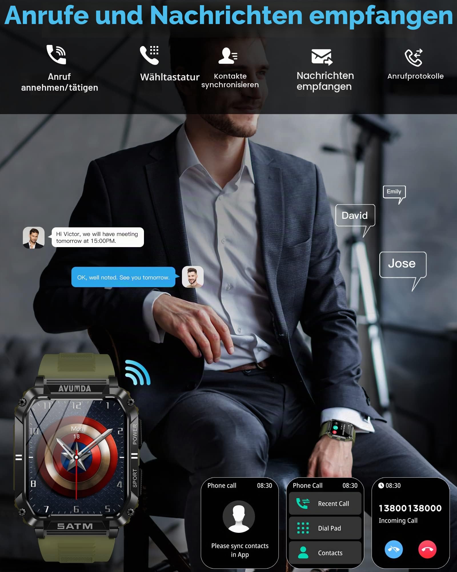 Smartwatch für Herren, 1,95 Zoll (4,95 cm), großes Display, Aktivitätstracker, Schrittzähler, Pulsmesser, SpO2, Smartwatch für Herren, Musik-Player, 123 Sportmodi, Benachrichtigungen für