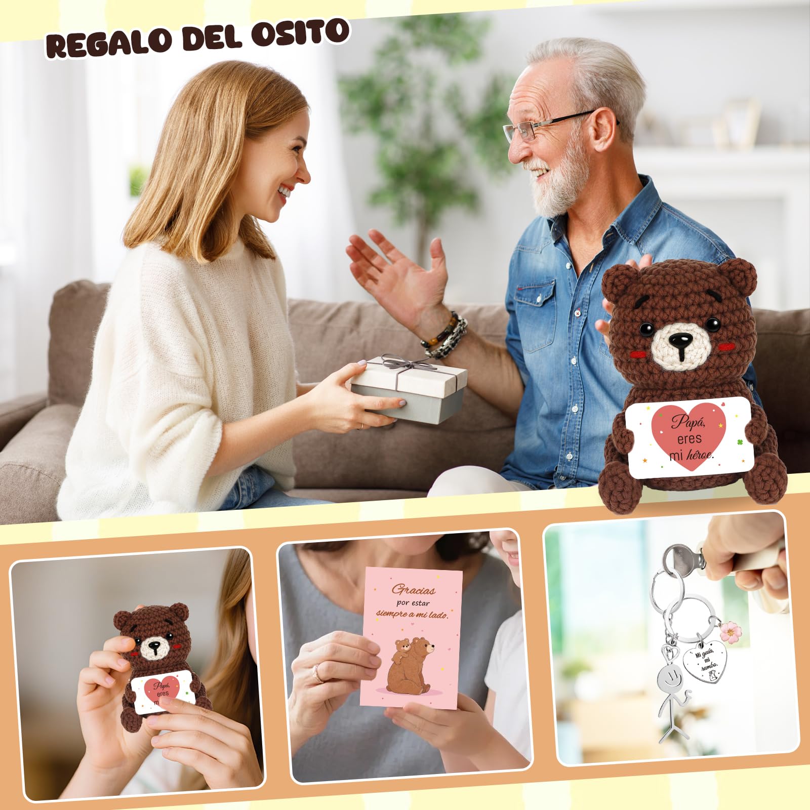 Regalo Padre - Osito de Ganchillo a Mano con Tarjeta Papá, Eres mi héroe, Regalo Original para Papa, Oso Peluche Ganchillo Padre en Cumpleaños Navidad Día de la Papa — view 5