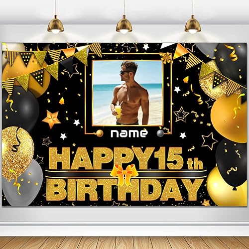 Cartel decorativo personalizado en negro y dorado para fotos y nombres personalizados, suministros de celebración de feliz cumpleaños de 15 años