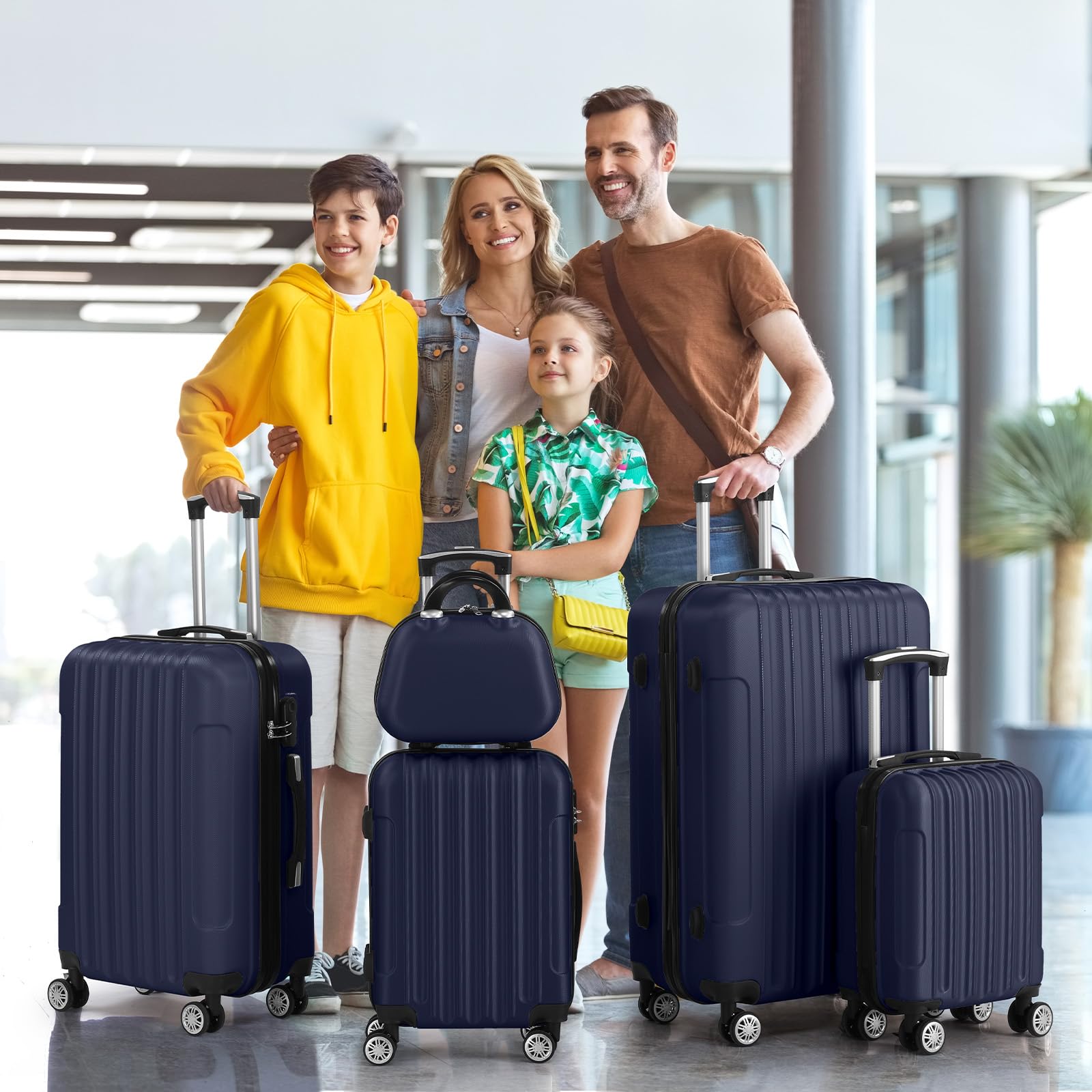 LALAHO Kofferset 5 teilig mit Kosmetikkoffer, Hartschalen Koffer Set aus ABS, Reisekoffer Set, Gepäckset mit Schminkkoffer & Handgepäck, Dunkelblau