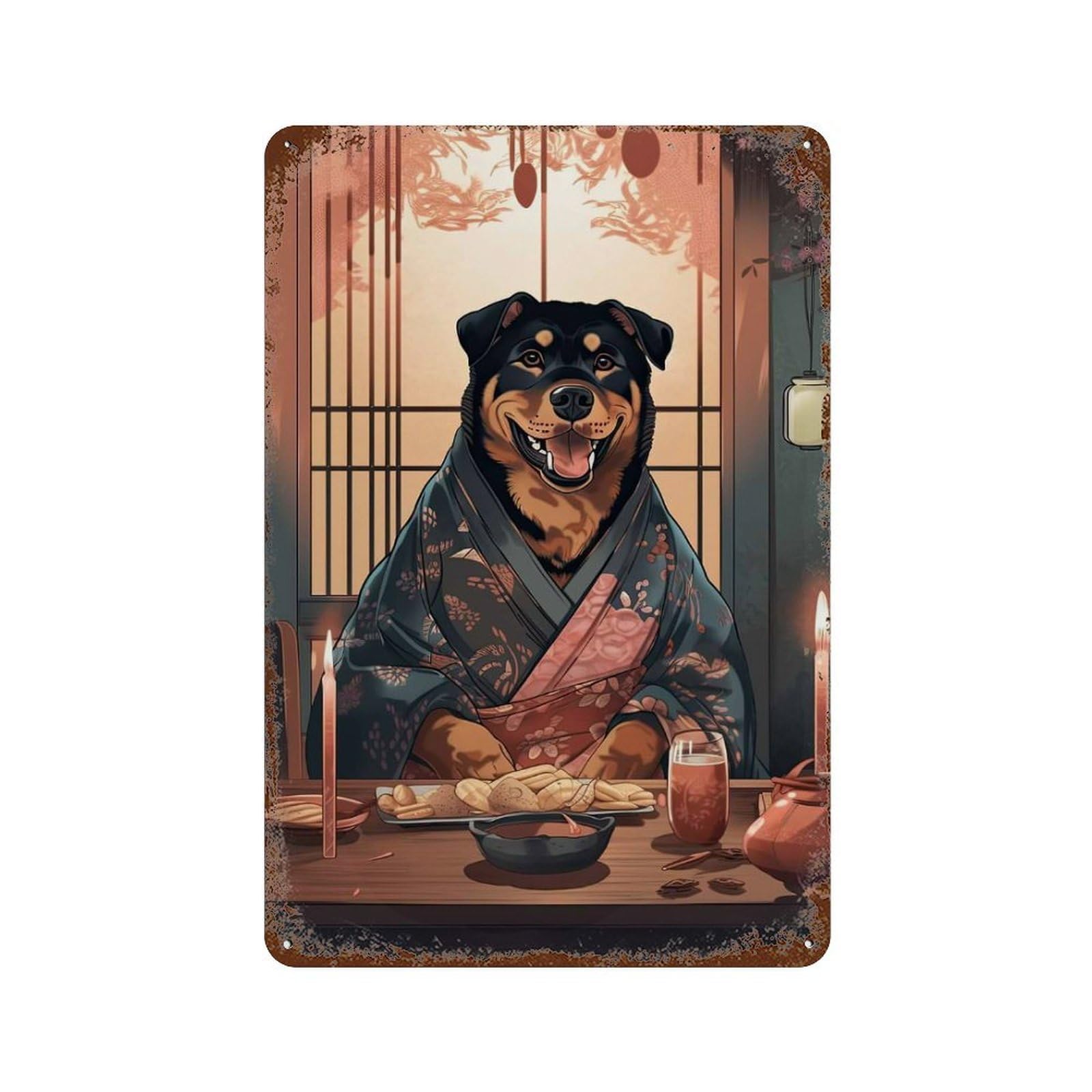 Rottweiler Japanese Food Aged Metal Wall Plaque 11.8"x7.9", Old School Wall Decor for Garage, Pub Or Kitchen