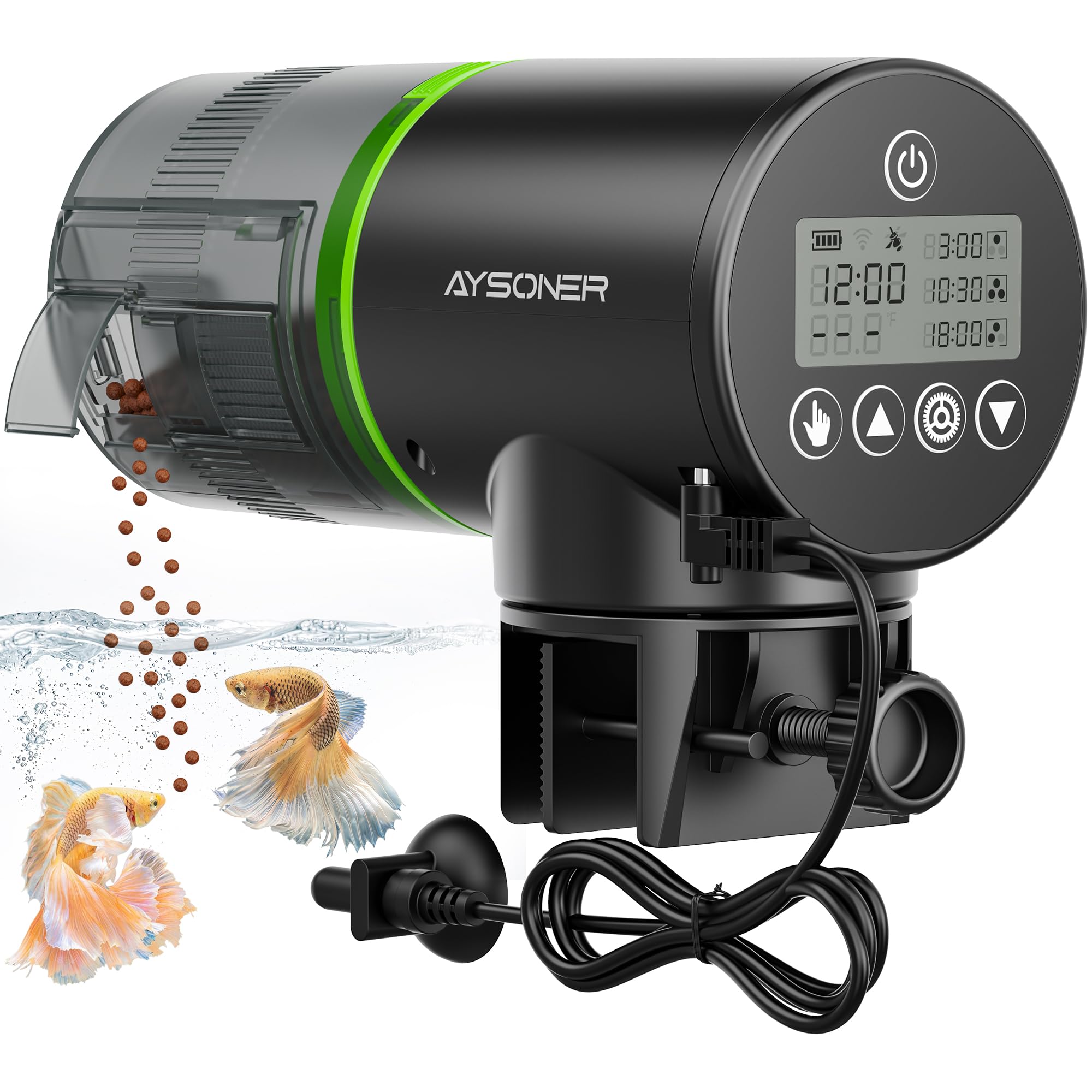 Aysoner Distributore automatico di pesce per acquario: display della temperatura, dispenser intelligente di cibo per pesci a prova di umidità per acquario Betta Turtle Tank durante le vacanze