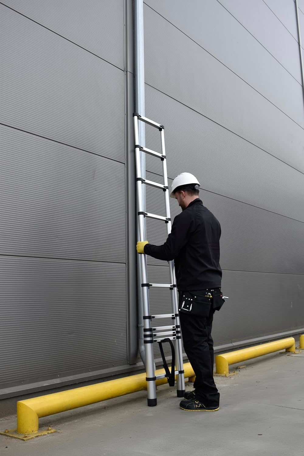 Drabest - Teleskopleiter aus Aluminium mit Befestigungshaken - Leiter Ausziehbar - Klappleiter, Aluleiter - Mehrzweckleiter - Multifunktionsleiter, Ausziehleiter - Klappbar - 13 Stufen - Höhe 3,8m