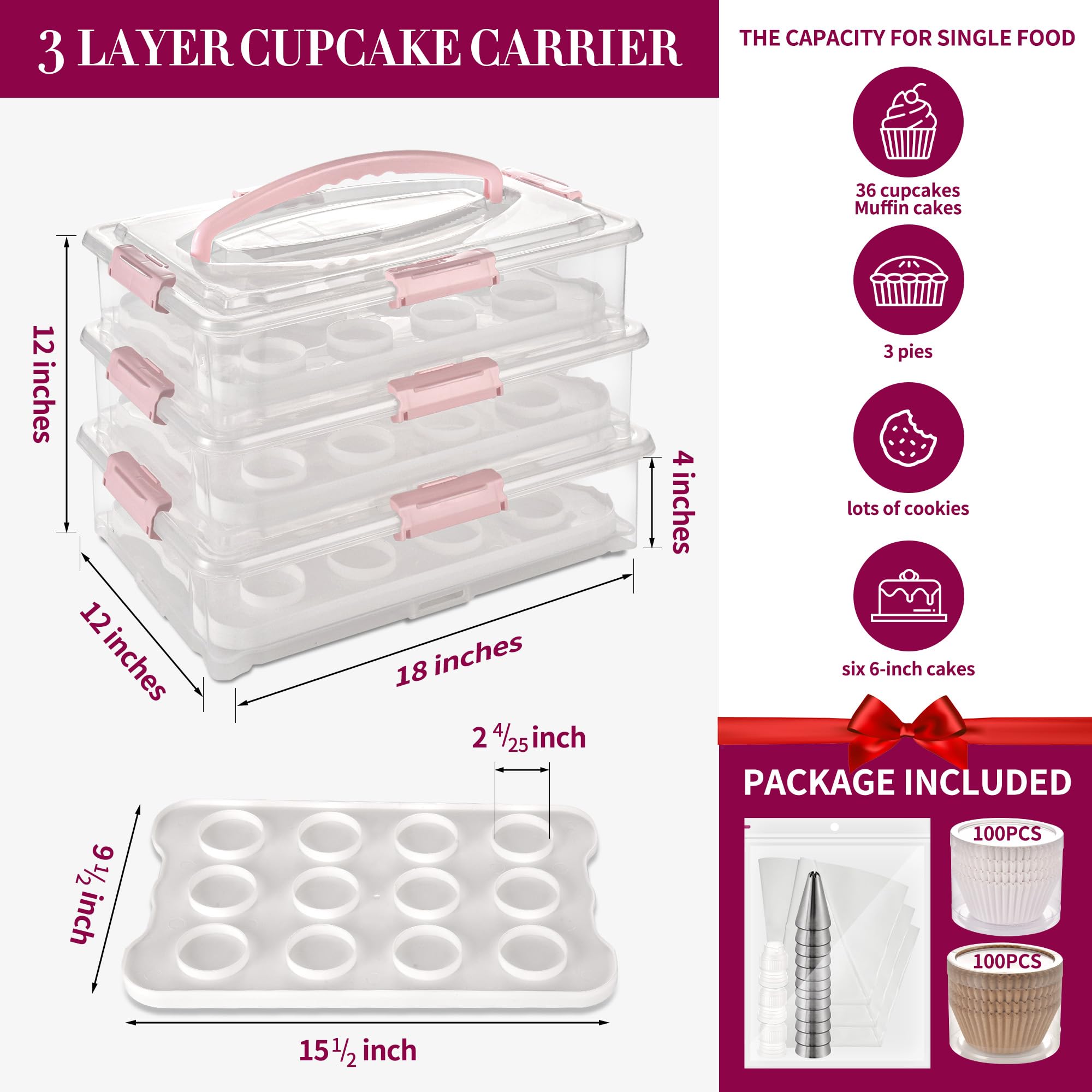 ARC - Porta cupcake a 3 ripiani (rosa) – Porta cupcake e contenitore per il trasporto di torte che può contenere fino a 36 cupcake o 3 torte grandi, senza BPA, ideale per feste e festival