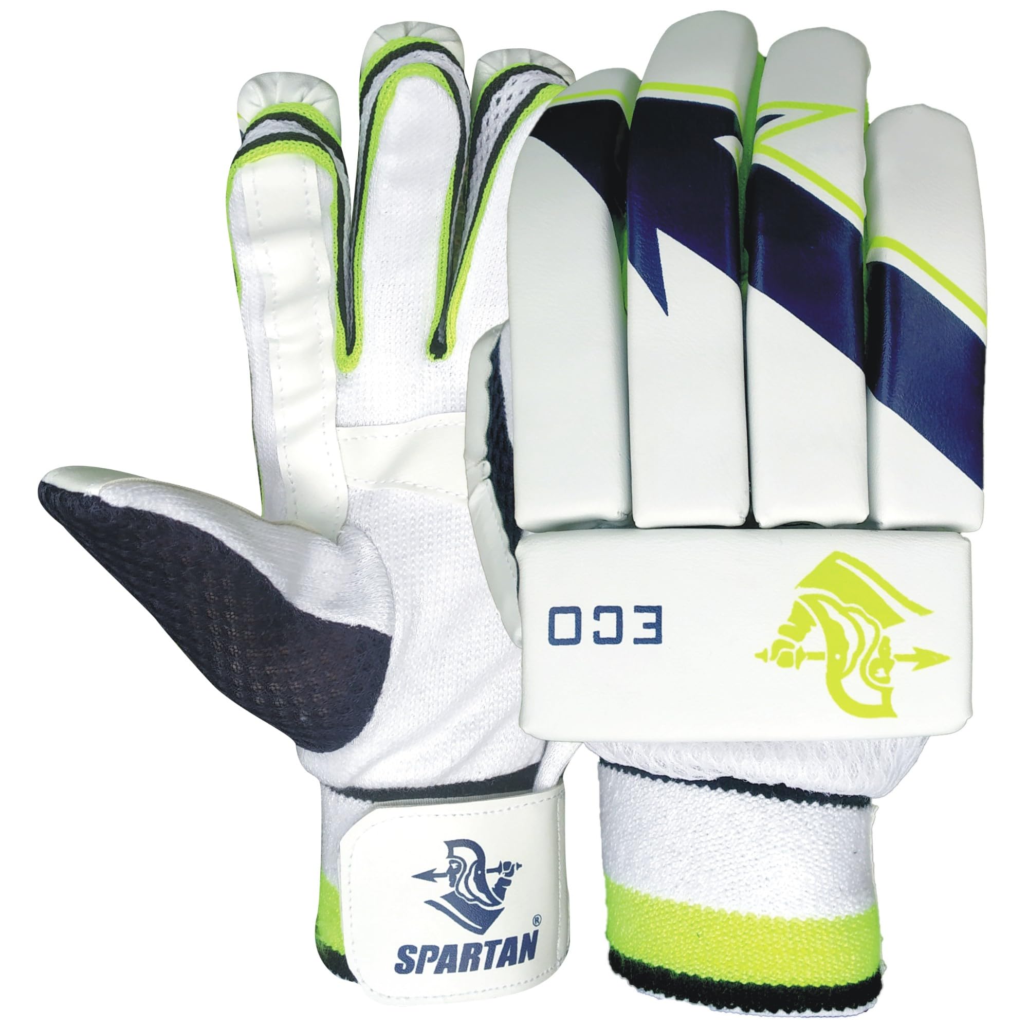 Spartan ECO Cricket Batting Gloves, White, Navy Blue and Neon Green (Youth)-image-39