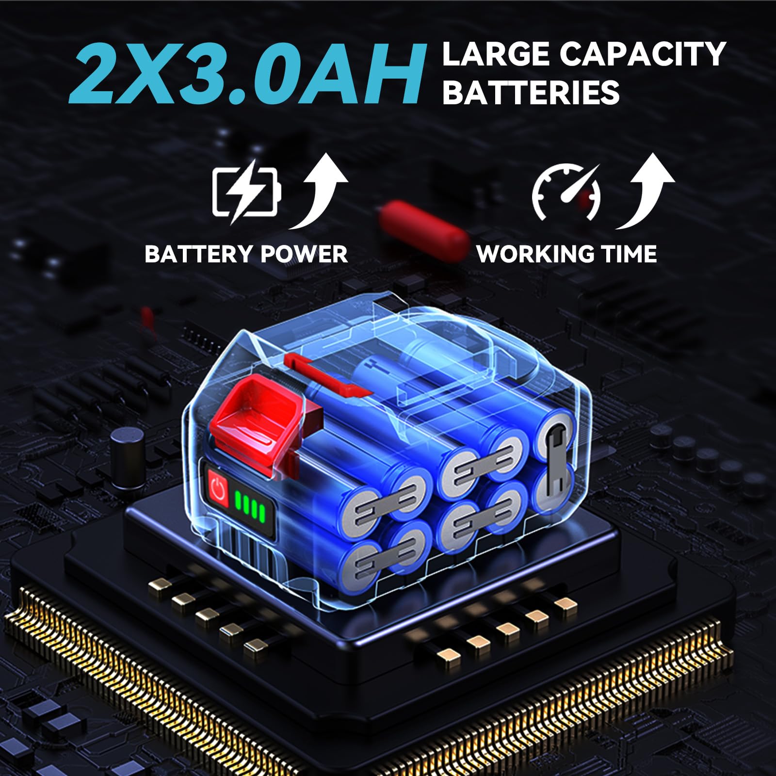 ONEVAN Smerigliatrice angolare a batteria, 125 mm, girevole a 180°, 3 marce, 0-18000 giri/min, smerigliatrice angolare senza spazzole, velocità regolabile con 2 batterie da 3000 mAh, caricabatterie, 6