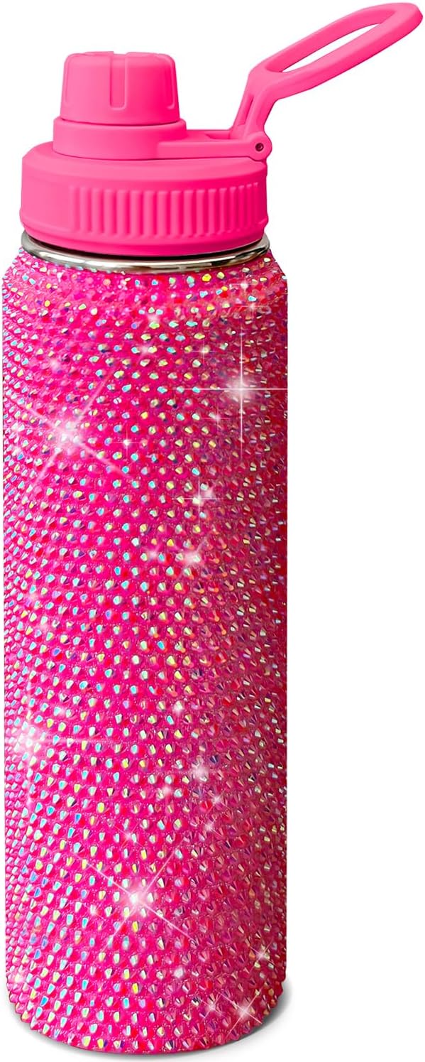 HWISDMIG 26oz Bottle with Handle-Glitter Rhinestones Bottle Bling Cups Stainless Steel Water Bottle Diamond Studded Tumbler for Women-Birthday Gifts for Women, Mom, Wife, Girlfriend (26 oz,Fuchsia)