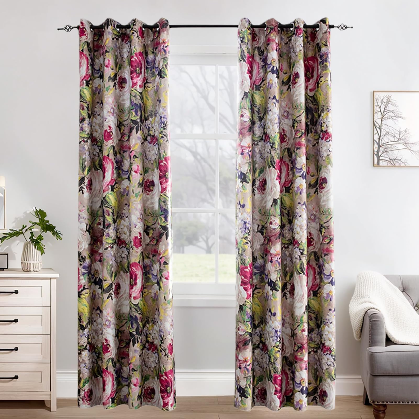 PSKJHN Flowers Blackout Curtains Printed Oil Painting Design Curtain Eyelets Darkening Curtains for Livingroom Bedroom 2 Panels, W200xL250cm