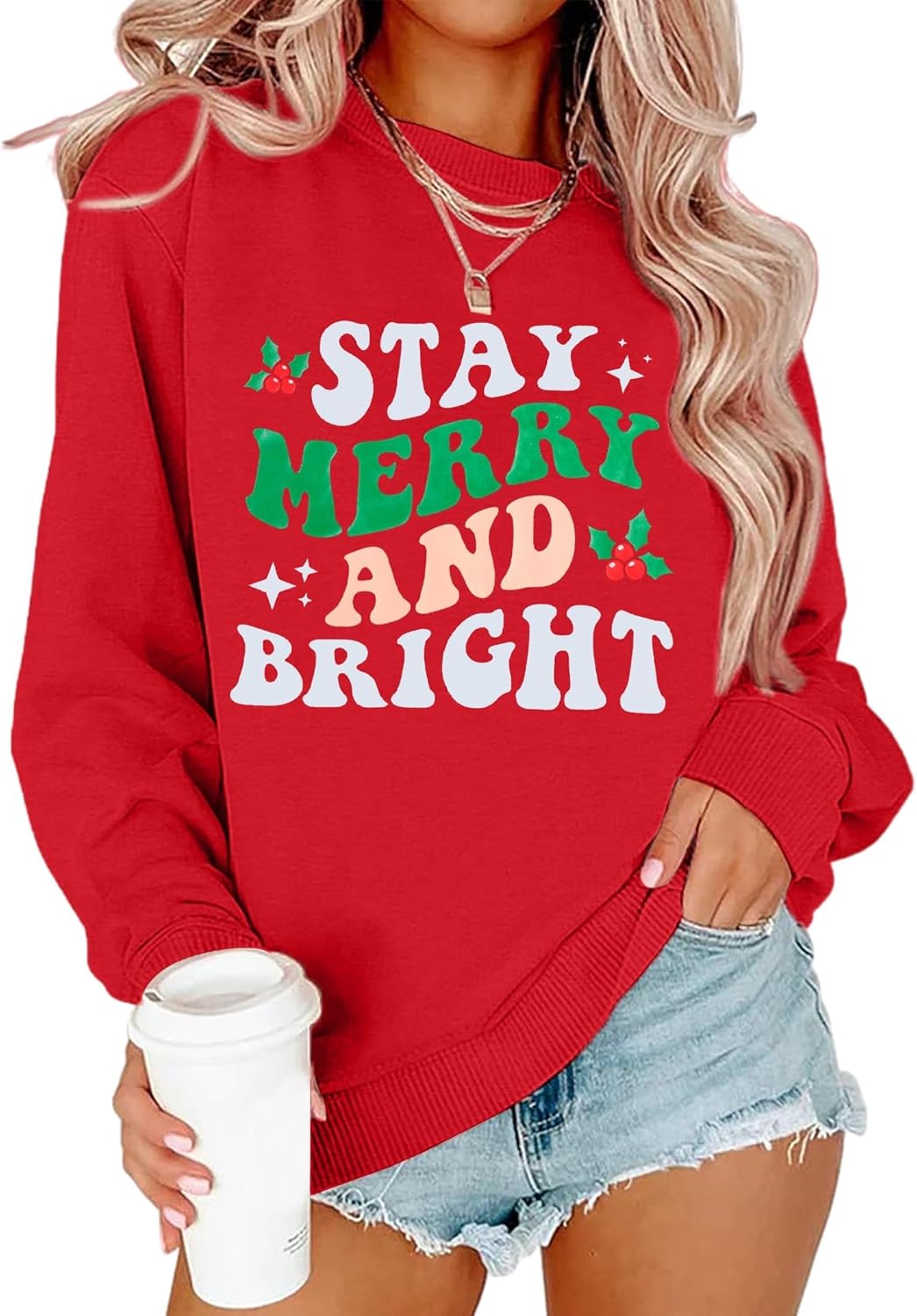 Merry and Bright Sweatshirt Women Merry Christmas Letter Print Long Sleeve Sweater Xmas Crewneck Pullover Casual Blouse Tops