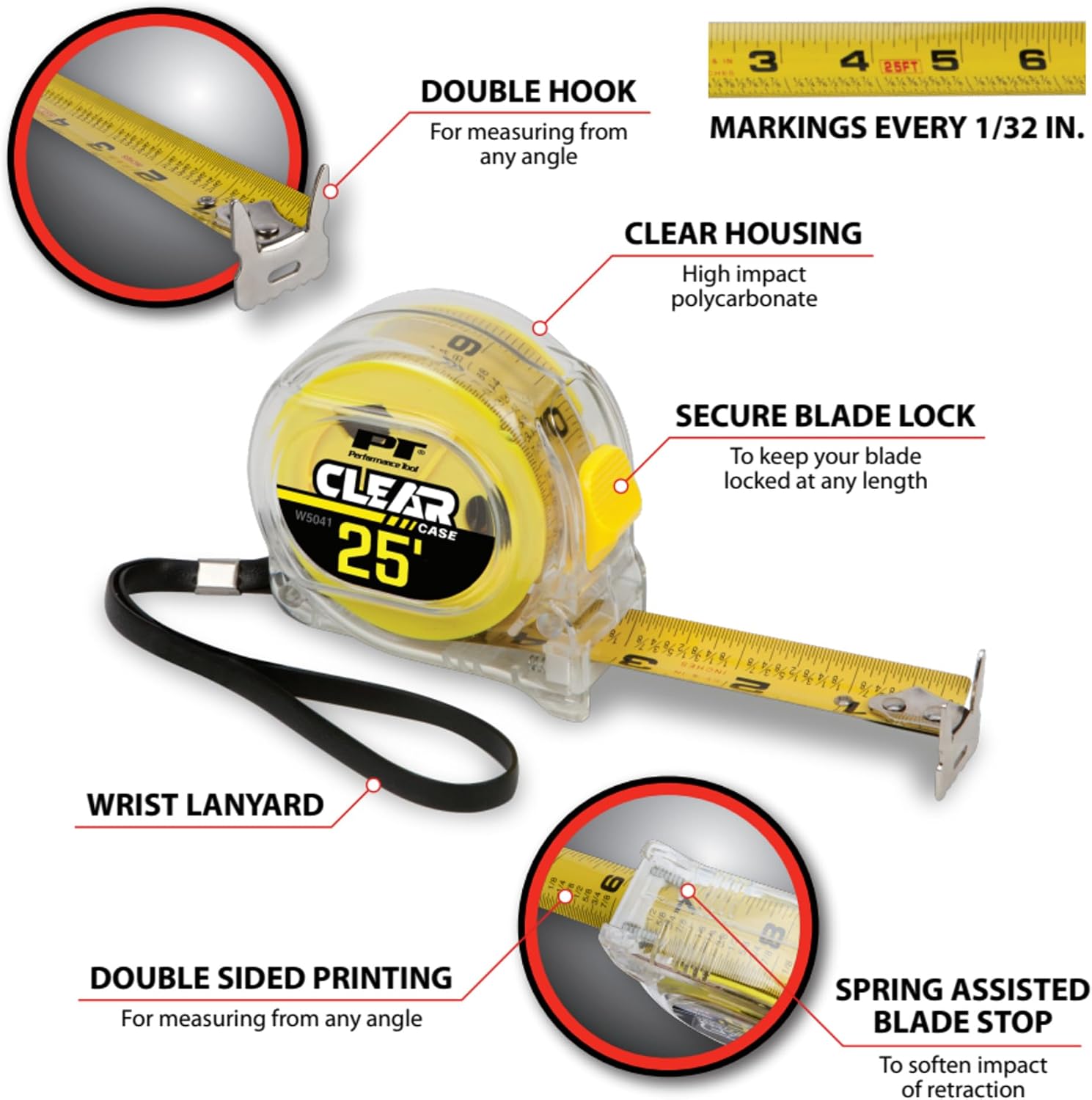 Performance Tool W5041 Clear Polycarbonate Tape Measure with Double Sided Hook, Belt Hook, and Wrist Strap, 25 ft