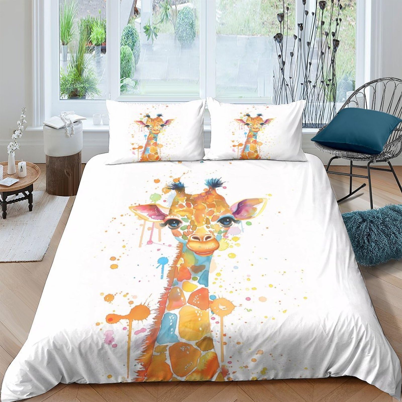 GPLZQXKJNH 3D Printed Watercolor Giraffe Duvet Cover Set Microfiber Breathable Bedding Set with 2 Pillowcases for Bedroom Decor Single（135x200cm）