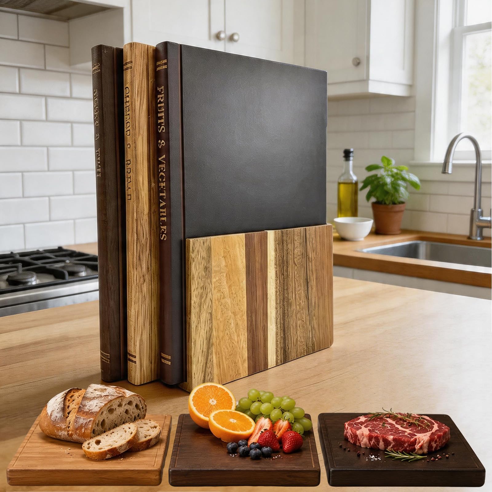 3er Set Schneidebrett Bibliothek Buchschneidebrett mit Ständer, das aussieht wie Bücher, Küche Schneidebrett Holz Set für Brot Käse Obst Gemüse Fleisch
