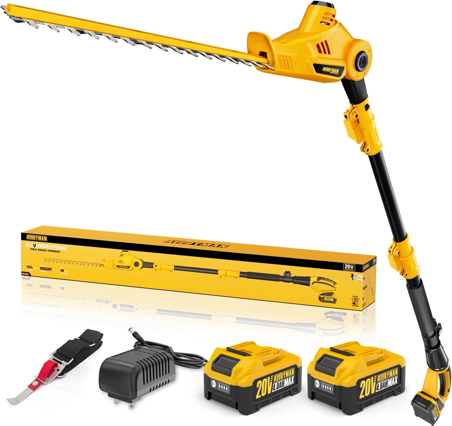 Alloyman 20V MAX Pole Hedge Trimmer,Telescoping Pole Hedge Trimmer,with 2 Packs 4.0Ah Batteries & Charger,8 Feet Hedge Trimmer for Shrubs Pruning
